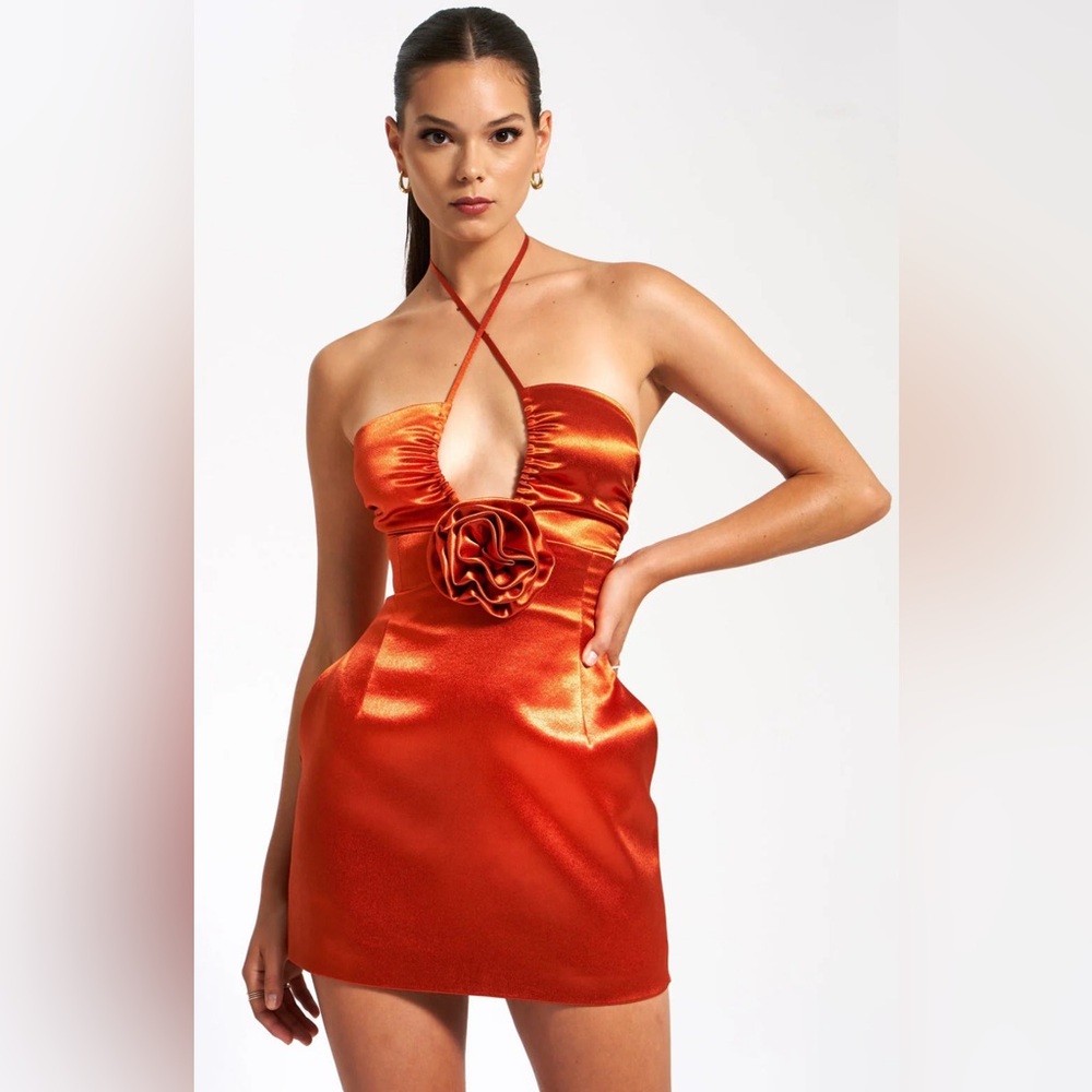 Miss Circle Marcia Orange Satin Strappy Halter Neck Dress